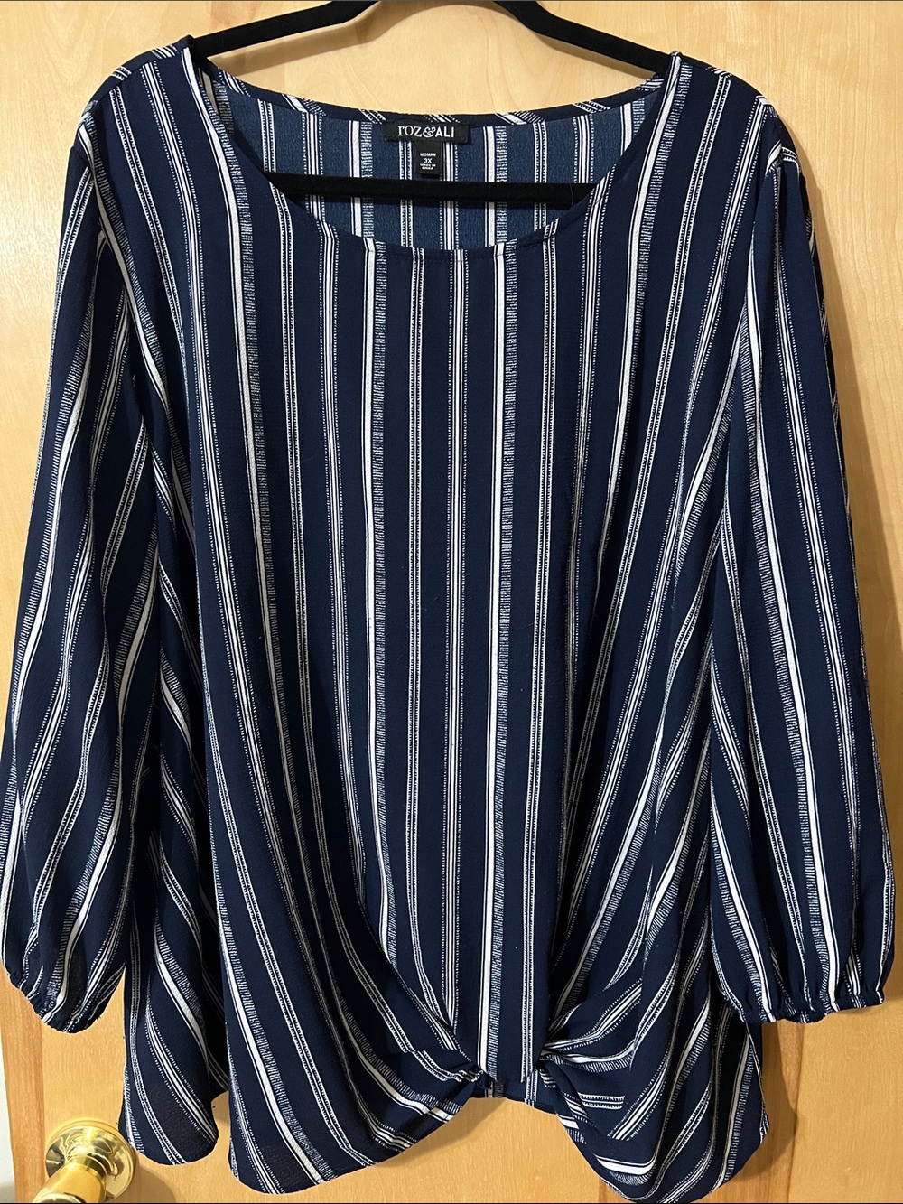 Roz & Ali Navy and White Striped Twist-Hem Women's Blouse